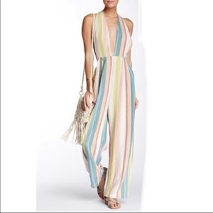 Free People My Kind of Woman Stripe Jumpsuit Linen Blend Rainbow